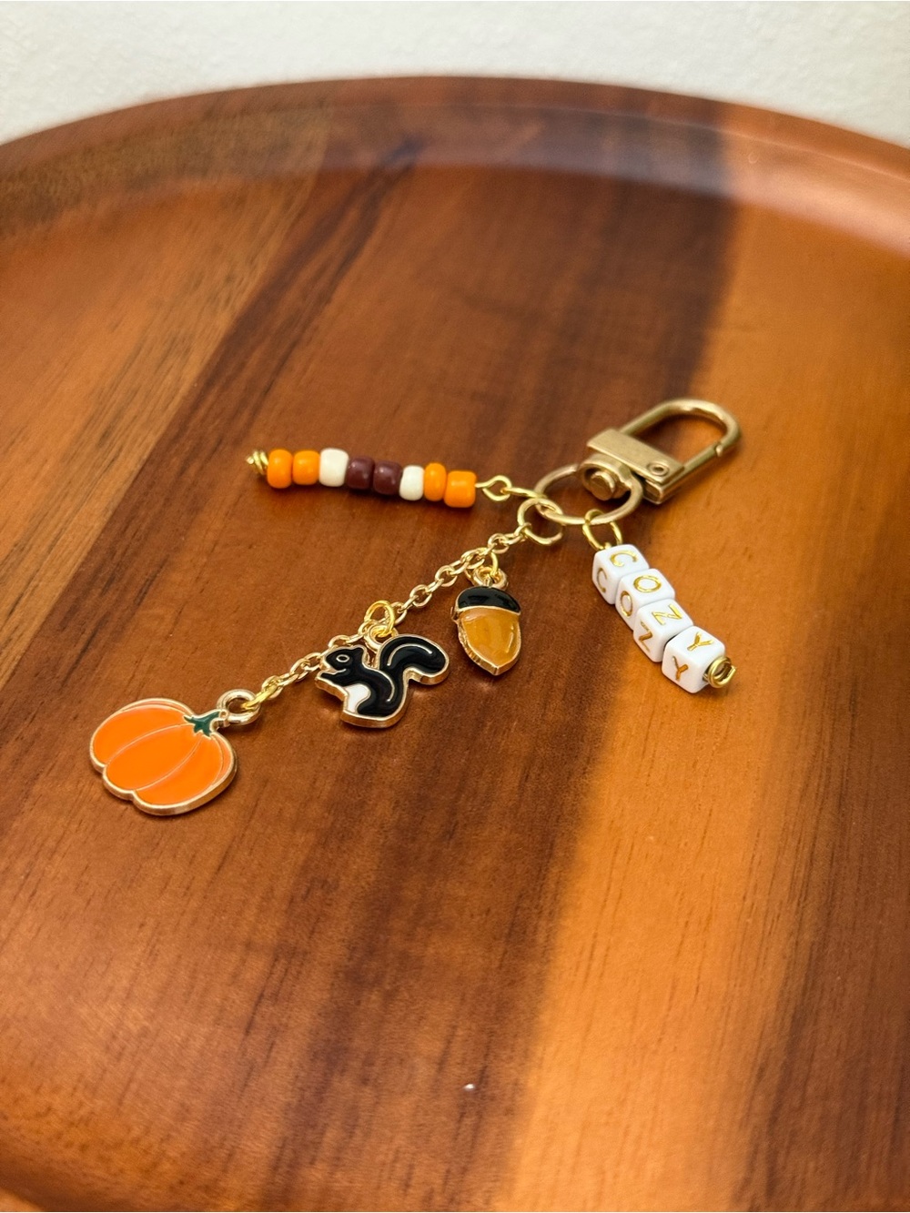 Handmade Autumn Pumpkin Squirrel Cozy Beaded Bag Charm Keychain